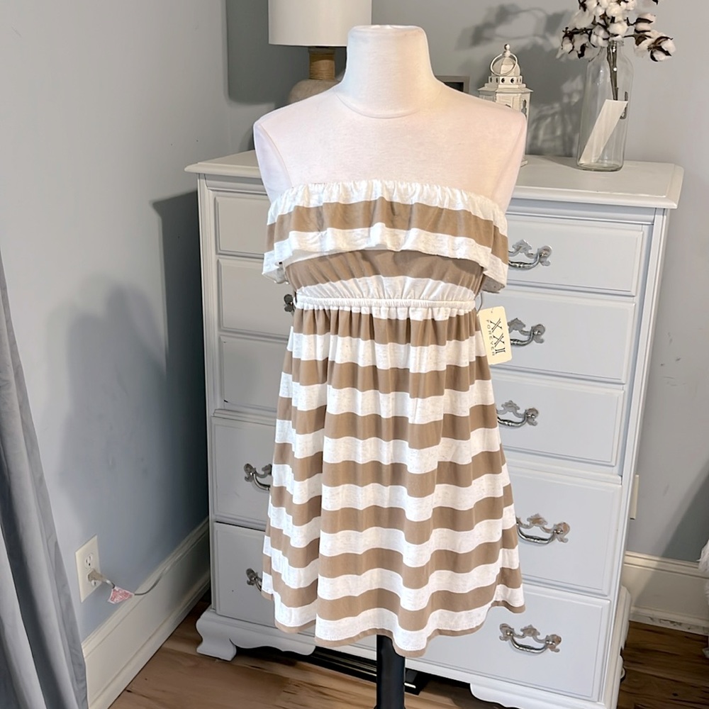 Strapless Oatmeal Taupe Striped Mini Dress Knit Beach Coverup Womens Small
